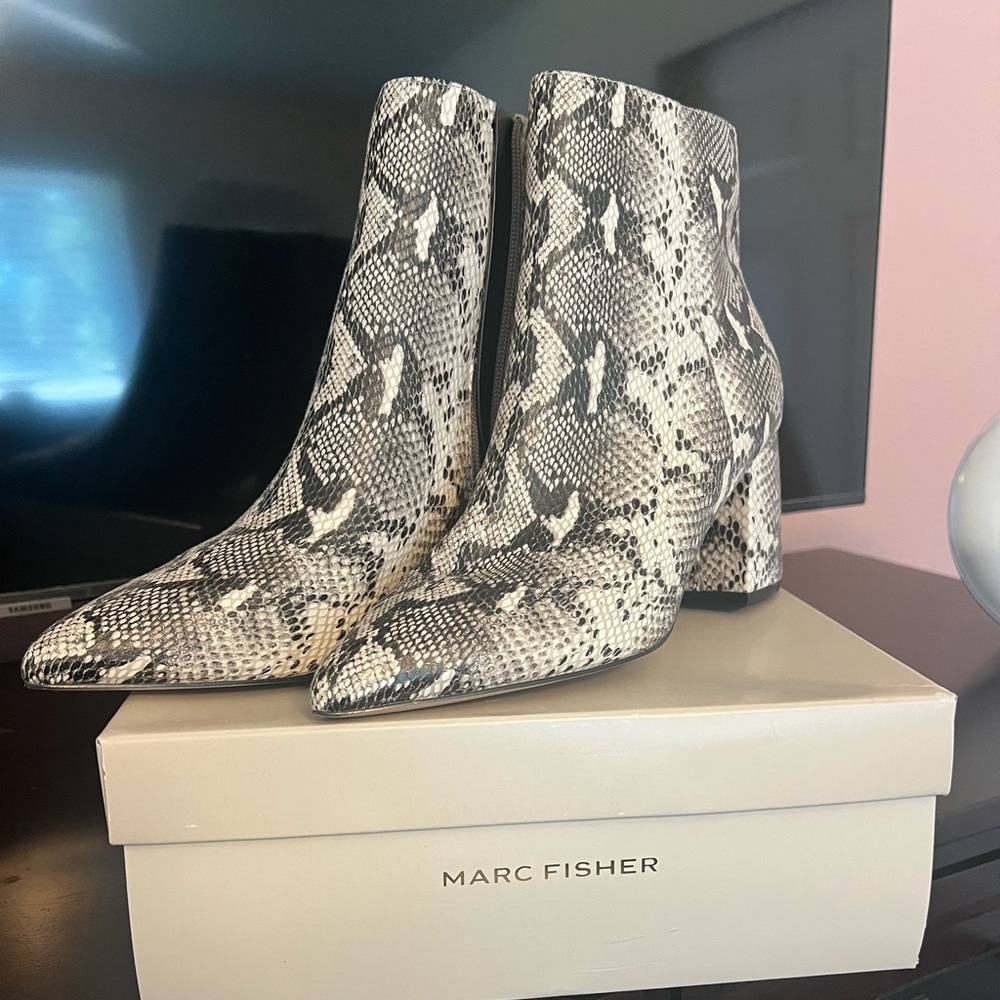Marc Fisher Black and White Snake Print Heeled Boots